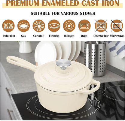 E-far Enameled Cast Iron Sauce Pan, 2 Quart Dutch Oven Saucepan with Lid, Small Sauce Pot for Cooking, Boiling, Healthy & Non Toxic, Induction & Oven Safe, Cream