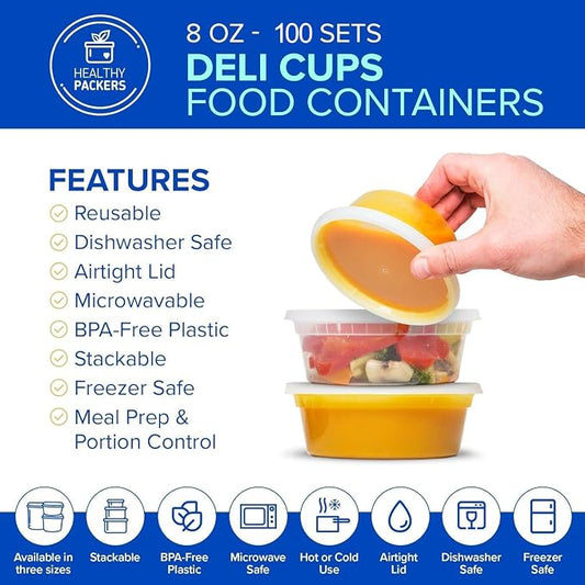 Healthy Packers Plastic Deli Containers with Lids (8oz 100 Sets) - Clear Plastic Containers with Airtight Lids - Great for Your Slime Kit, Food - BPA Free | Leakproof - Microwaveable & Freezer Safe