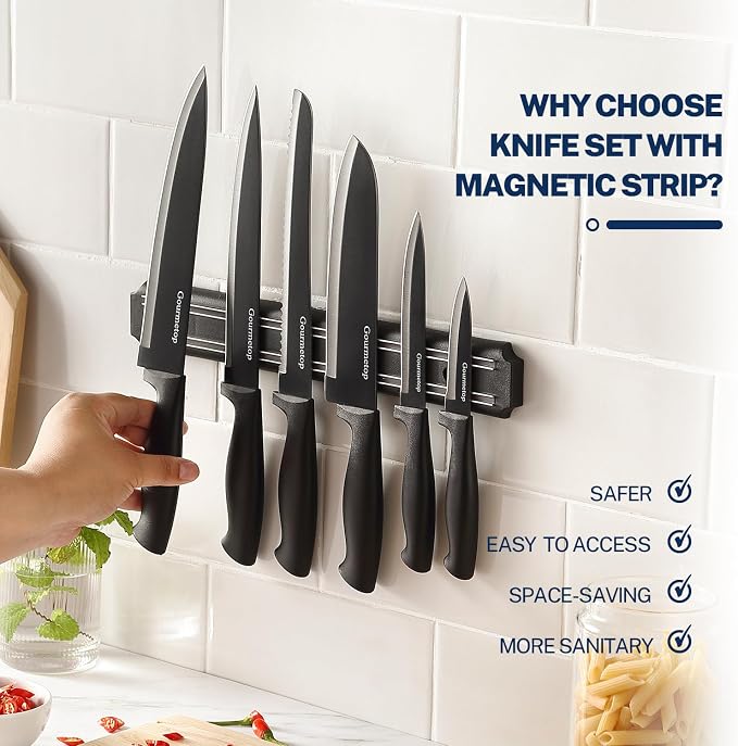 Gourmetop Kitchen Knife Set with No Drilling Magnetic Strip for Kitchen Black Titanium Small Cooking Knives, Sharp Stainless Steel Chef Knife Set for Cutting Meat & Vegetable
