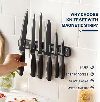Gourmetop Kitchen Knife Set with No Drilling Magnetic Strip for Kitchen Black Titanium Small Cooking Knives, Sharp Stainless Steel Chef Knife Set for Cutting Meat & Vegetable