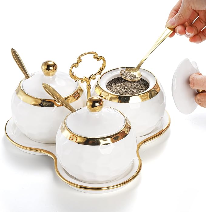 Foraineam Porcelain Condiment Pot Sugar Bowl Spice Jars with Lid, Spoon and Tray, Salt Container Spice Box Seasoning Pots, White Sugar Salt Bowls Set for Kitchen, Restaurant, Coffee Bar, Set of 3