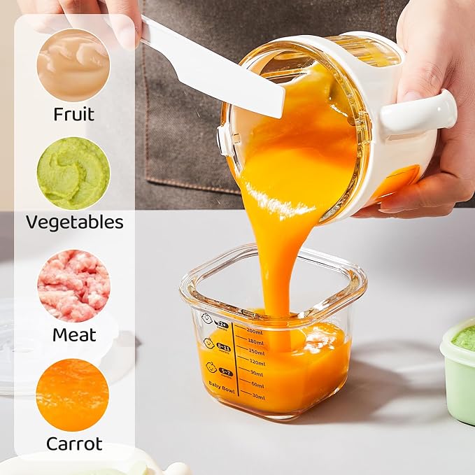 Baby Food Maker, 10oz Glass Baby Puree Blender with Cup Sleeve for Fruit,Vegatable&Meat, 316 Stainless Steel 8-Blade Mini Baby Food Processor with Brush,Strainer Plate&Spatula, Silver (35000RPM)