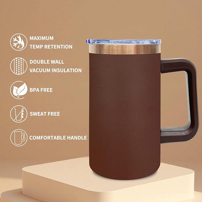 20 oz Insulated Coffee Mug with Lid, Stainless Steel Coffee Tumbler Bulk, Double Wall Vacuum Travel Mug with Handle, Leakproof Powder Coated Coffee Cups for Hot and Cold Drinks (Brown,4 pack)