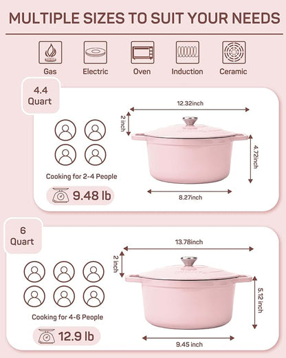 Ciwete 6 QT Dutch Oven Pot with Lid, Enameled Cast Iron Dutch Oven for Bread Making, Braiser, Cooking, Dual Handles, Oven Safe up to 500° F or on Stovetop, Gifts for Family - Pink
