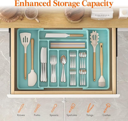 Lifewit Utensil Organizer for Kitchen Drawer, Expandable Cooking Silverware Tray, Adjustable Cutlery Flatware Holder, Plastic Spatula Tools Storage Divider, 13-22.4 x 15", Turquoise