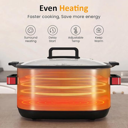Sunvivi 12-in-1 Multi Cooker, 6.5QT Programmable Slow Cooker with Timer & Temp Control, Auto Warm Setting, Delay Start, Dishwasher Safe Lid & Removable Nonstick Crock, Stainless Steel Rack, Red