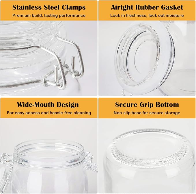 Flrolove Glass Kitchen Storage Canister Mason Jars with Lids,32oz Airtight Glass Canister with Hinged Lid，Perfect for Kitchen Canning Cereal,Pasta,Sugar,Beans (Labels & Chalk Marker)-Set of 4