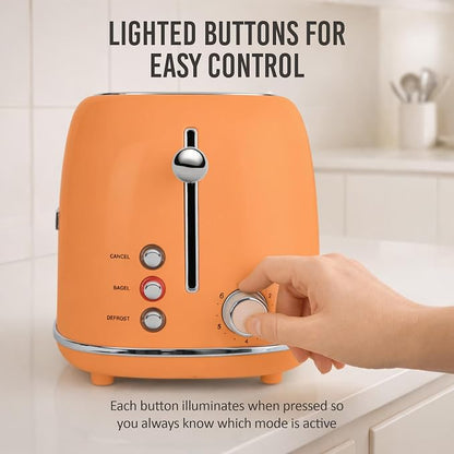 Nostalgia Classic Retro 2-Slice Toaster- Vintage Design- Enamel Coated Steel Body- Wide Slots for all Breads- Crumb Tray, Cord Storage- Defrost,Cancel and Bagel Function & 6 Toasting Levels- Orange