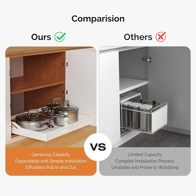 MaraFansie Pot Stands Pull Out Cabinet Organizer Expandable(13"-19.68") Sliding Shelf with Adhesive Nano Film, Adjustable Width Roll Out Under Sink Organizer for Kitchen, Living Room
