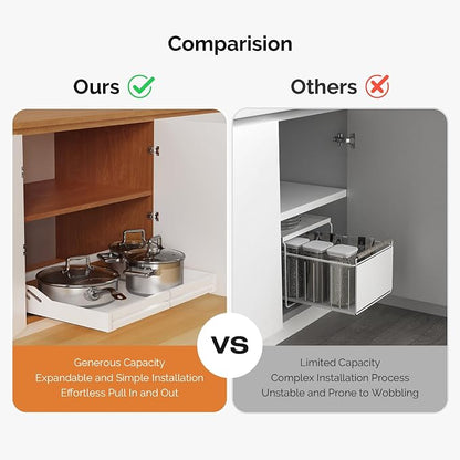 MaraFansie Pot Stands Pull Out Cabinet Organizer Expandable(13"-19.68") Sliding Shelf with Adhesive Nano Film, Adjustable Width Roll Out Under Sink Organizer for Kitchen, Living Room