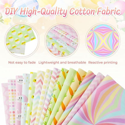 Tatuo 30 Pieces 10 x 10 Inches Easter Cotton Fabric Bundle Squares Patchwork Pastel Fabric Sewing Quilting Bundles Assorted Pattern Cloth for DIY Scrapbook Craft Making