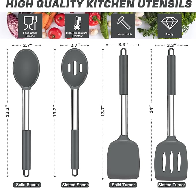 TeamFar Kitchen Utensils, 4PCS Heat-proof Silicone Cooking Utensils Set Slotted Spatula Solid Turner Spoon with Stainless Steel Handle, for Non-stick Cookware Flipping, Frying, Draining – Gray