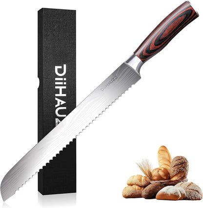 DiiHAUZZ Bread Knife, 10 Inch High Carbon Steel Blade, Pakkawood Handle | Ultra Sharp Serrated Edge, Ergonomic Handle, Roll Forged, Homemade Bread Loaf Bagel Cutter, Sourdough Slicer, Gift Box