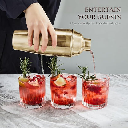 KITESSENSU Cocktail Shaker Set, Stainless Steel Bartending Kit with 25 Ounce Cocktail Shaker with Built in Drink Strainer, Measuring Jigger, Mixing Spoon & Drink Recipe Guide, Gold