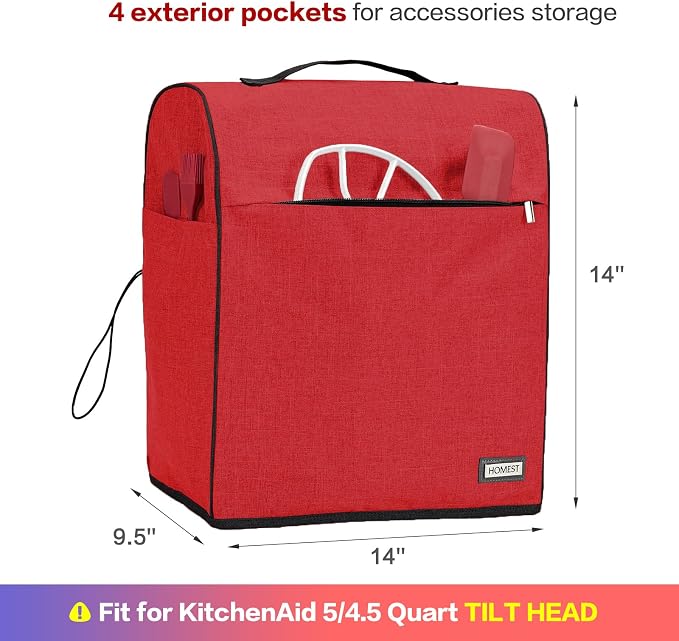 HOMEST Stand Mixer Dust Cover Compatible with KitchenAid 5/4.5 Quart Bowl Lift, Zipper Pocket for Various Kitchen Appliance Accessories, Red (Patent Design)