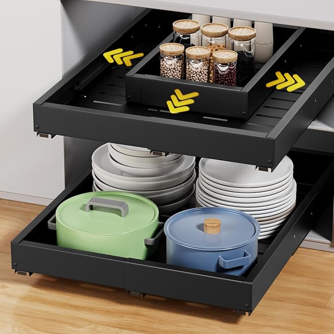 Upgrade 2 Pack Pull Out Cabinet Organizer, Expandable Width (11.4"-18.9") Depth (16.3"-21.7") Pull out Drawers for Cabinets with 3 Rails, No Drill Adhesive Film or Nail Slide out Drawers for Kitchen