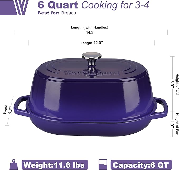 VORRINGARD Enameled Cast Iron Dutch Oven Pot with Dome Lid, Oval Bread Oven for Homemade Sourdough Bread Baking, Oven Safe up to 500°F, 6 Quart, Purple