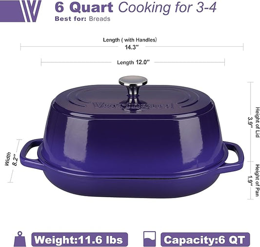 VORRINGARD Enameled Cast Iron Dutch Oven Pot with Dome Lid, Oval Bread Oven for Homemade Sourdough Bread Baking, Oven Safe up to 500°F, 6 Quart, Purple