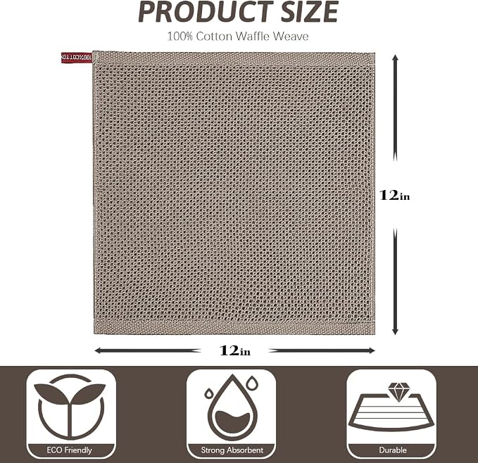 Nialnant 100% Cotton Dish Cloths for Washing Dishes, 4 Pack Waffle Weave Dish Towels,Super Soft Absorbent Cleaning Rags-Brown,12x12 Inch