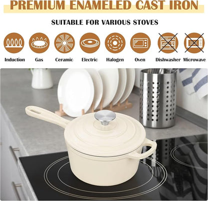 E-far Enameled Cast Iron Sauce Pan with Lid, 1 Quart Dutch Oven Saucepan, Mini Sauce Pot for Cooking, Boiling, Healthy & Non Toxic, Induction & Oven Safe, Cream