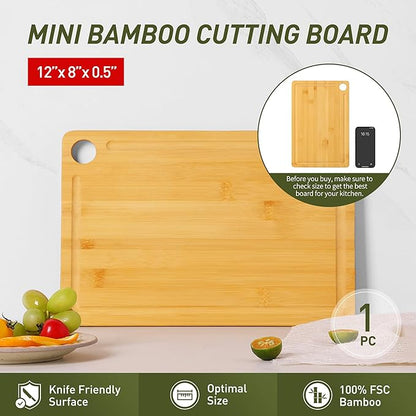 Bamboo Wood Cutting Board for Kitchen 12" x 8" Mini Wooden Charcuterie Boards Lightweight Chopping Board Non Toxic Serving Board Tiny Chef Set Camping Fruit Lemon Sandwich Cheese Board