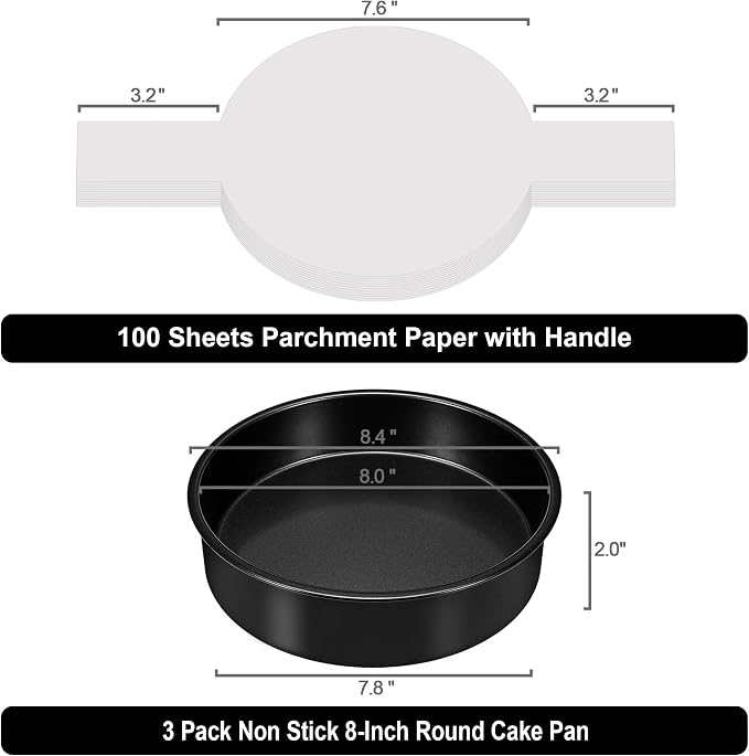 AWTBDP 8 Inch Cake Pan Set of 3, Nonstick Baking Pans Set with 100PCS Pre-cut Parchment Paper for Layer Cakes, Durable Round Cake Pans Sets for Baking for Birthday Christmas, Dishwasher Safe
