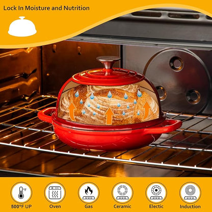 Velaze Enameled Cast Iron Dutch Oven for Bread Baking,5 QT Bread Oven Pot with Dome Lid for Crispy Artisan Bread & Bakery-Style Homemade Loaves(Red)