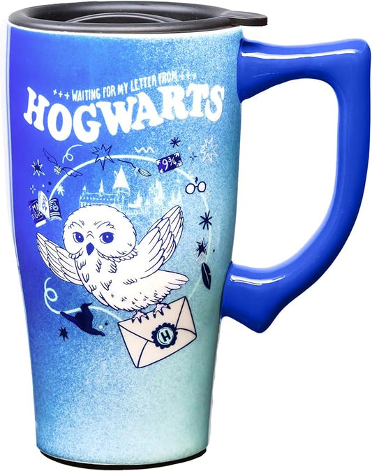 Spoontiques Hedwig Ceramic Travel Coffee Mug with Lid and Handle - Spill Proof Lid - Double Walled Mug for Hot and Cold Beverages - Microwave and Dishwasher Safe