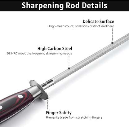 PAUDIN Honing Rod, Knife Sharpener Rod 10 inch, Professional Kitchen Knife Sharpener, High Carbon Knife Sharpening Steel with Ergonomic Pakkawood Handle, Honing Steel for All Chef Knives