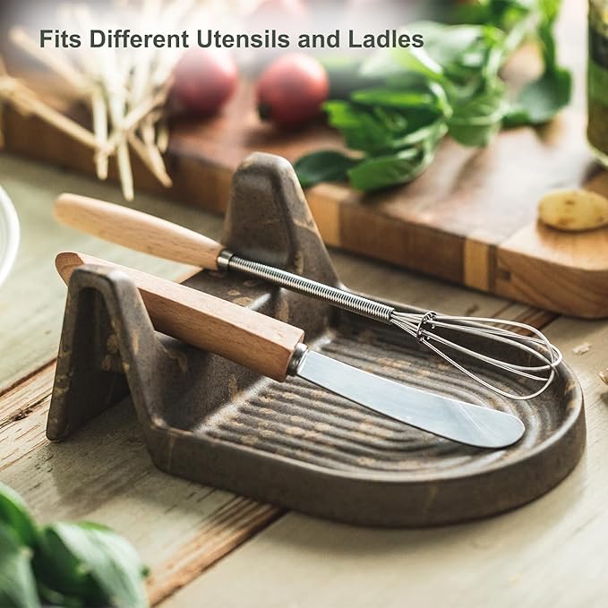 Cooking Spoon Rest with Slot or Spatula, Spoons or Tong Ceramic Spoon Rest for Countertop Heat-Resistant Spoon Rest for Stove Top Perfect Rest for Utensil and Spoon, Brown