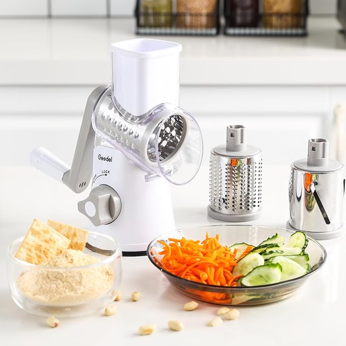 Geedel Rotary Cheese Grater, Kitchen Mandoline Vegetable Slicer with 3 Interchangeable Blades, Easy to Clean Rotary Grater Slicer for Cheese, Vegetables, Nuts