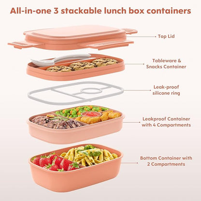 HOMETALL Bento Box Adult Lunch Box,3 Stackable Bento Lunch Containers for Adults/Kids, Modern Minimalist Design Bento Box with Utensil Set, Leak-Proof Lunchbox for Dining Out, Work, Picnic, School