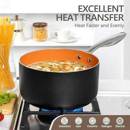 MICHELANGELO 4 Quart Saucepan with Lid - Ultra Nonstick Sauce Pan with Ceramic Coating, 4 Qt Non Stick Pot Induction Compatible, Copper