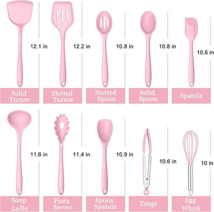E-far Pink Silicone Cooking Utensils Set, 10-Piece Kitchen Utensil Set for Nonstick Cookware, Silicone Kitchen Tools with Spatula Turner Spoon Tongs Whisk, Heat Resistant & Non-Toxic, Dishwasher Safe