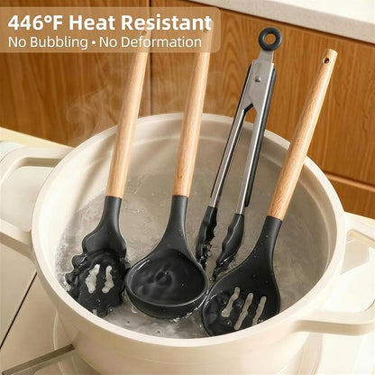 Silicone Cooking Utensils Set, 33PCS/446°F Heat Resistant Food Grade Silicone Kitchen Gadgets, Spatula Set w Holder, for Nonstick Cookware (Black)
