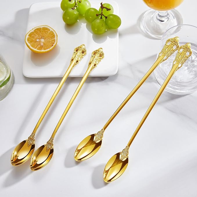 KEAWELL Luxurious 9 Inch Long Iced Tea Spoon Set - 4 Pieces - Gorgeous Design with Exceptional Mirror Polished Finish - 18/10 Stainless Steel- Perfect for Tall Glasses, Cocktails (Gold)