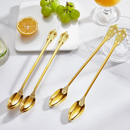 KEAWELL Luxurious 9 Inch Long Iced Tea Spoon Set - 4 Pieces - Gorgeous Design with Exceptional Mirror Polished Finish - 18/10 Stainless Steel- Perfect for Tall Glasses, Cocktails (Gold)