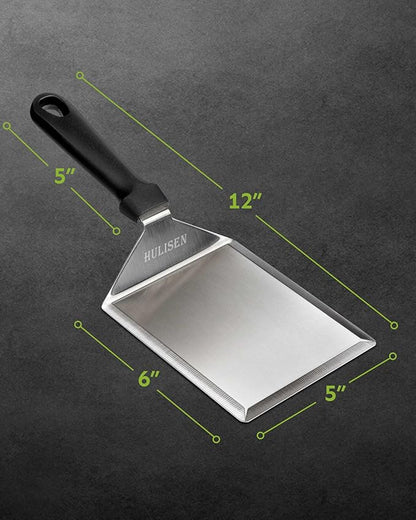 HULISEN Stainless Steel Large Grill Spatula - 6 x 5 Inch Heavy-Duty Metal Spatula with Cutting Edges, Kitchen Griddle Accessories, Smashed Burger Turner Scraper for BBQ Grill and Flat Top Griddle
