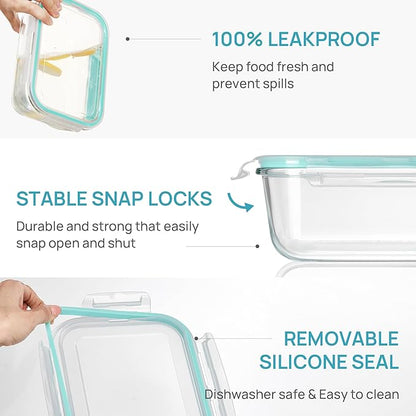 Vtopmart 2Pack 1860ml/63oz Large Glass Containers Food Storage with Lids, Meal Prep Food Container Set with Snap Airtight Lid for Baking, Microwave, Oven, Leak Proof, for Freezer, Dishwasher, Green