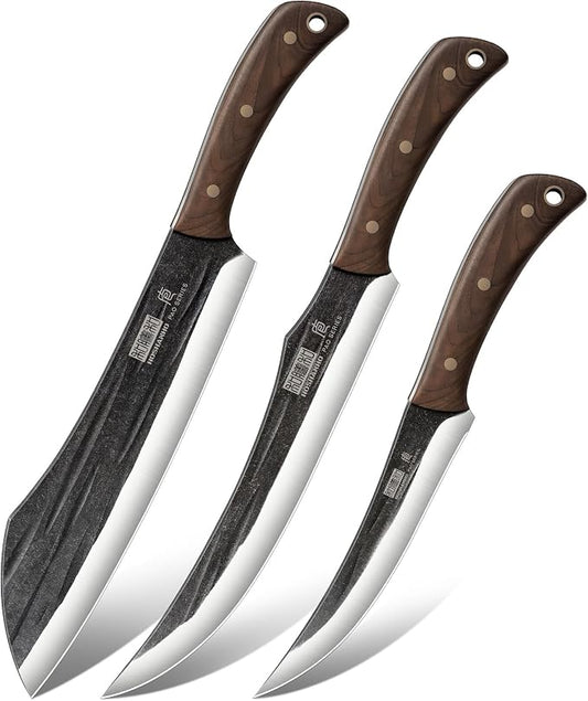 HOSHANHO Butcher Knife Set, 3-Piece Ultra Sharp Kitchen Knife Set, Hand Forged High Carbon Steel Meat Cleaver Knife & Slicing Knives & Boning Knives for Home & Camping & BBQ Gift with Men