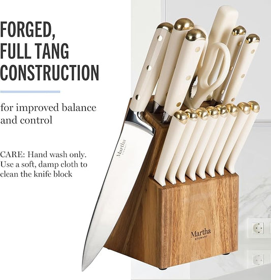 Martha Stewart Knife Block Set 16-Piece - Lockton High Carbon Stainless Steel Forged Full Tang Chef Knives, Acacia Wood Block, Triple Riveted Handles, Linen White & Gold