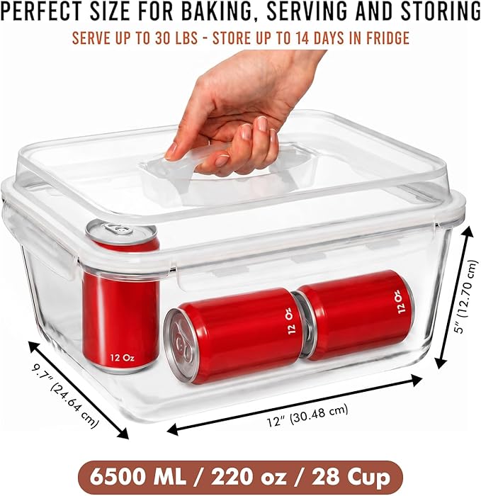 6500 ML / 220 oz / 28 Cup LARGE Glass Food Storage Container with Airtight Locking Lid. Ideal Storing food, Vegetables, Fruits. Baking Casserole, Lasagna, Roasting Turkey, Chicken BPA Free Oven Safe
