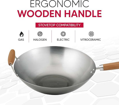Helen's Asian Kitchen Carbon Steel Wok, 14-Inch, Flat Bottom Stir Fry Pan