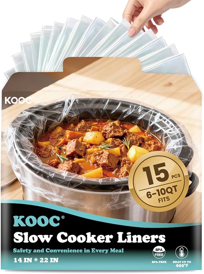 KOOC Slow Cooker Liners, 15 count 14" x 22" Extra Large Size Cooking Bags Fits 6-10 Quart Pots, Disposable Pot Liners Suitable for Oval & Round & Retangular Pot