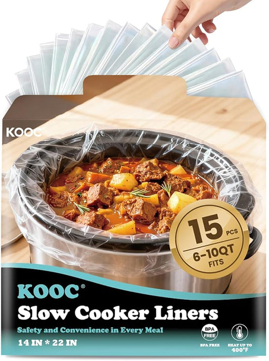 KOOC Slow Cooker Liners, 15 count 14" x 22" Extra Large Size Cooking Bags Fits 6-10 Quart Pots, Disposable Pot Liners Suitable for Oval & Round & Retangular Pot