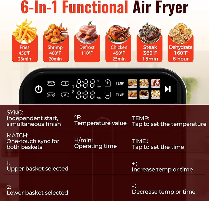 【Upgrade】Air Fryer, Dual Basket Air Fryers, 12QT Double Air Fryer with 2 Stacked Racks, Large Family Size, Touchscreen Controls, 6-in-1 Presets, Roast, Sync & Match Functions, Dishwasher-Safe Parts