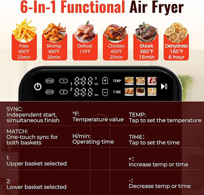 【Upgrade】Air Fryer, Dual Basket Air Fryers, 12QT Double Air Fryer with 2 Stacked Racks, Large Family Size, Touchscreen Controls, 6-in-1 Presets, Roast, Sync & Match Functions, Dishwasher-Safe Parts