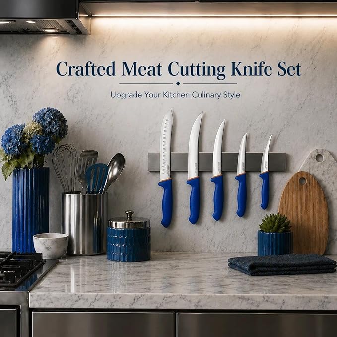 DRAGON RIOT 6 Pcs Butcher Knives Set, Meat Processing Knife Set for Brisket Trimming with German Stainless Steel and Blue Non-slip Handle Gift for Men