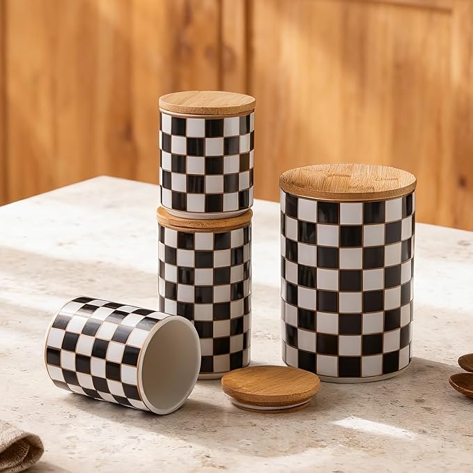 Kitchen Countertop Ceramic Checkered Canisters,Black And White Food Storage Containers With Lid,Airtight Kitchen Canisters for Flour, Sugar, Coffee, Tea, and Dry Goods (Black, XL)