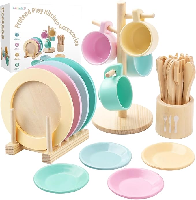 GAGAKU Kids Wooden Play Dishes Set -27Pcs Montessori Play Kitchen Accessories Plates and Bowls Set, Storage Stand & Play Food, Pretend Cooking Toys for Ages 3-5, Educational Gift for Toddler